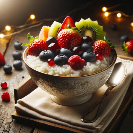 Rice porridge with fresh berries and kiwi in a bowlの素材