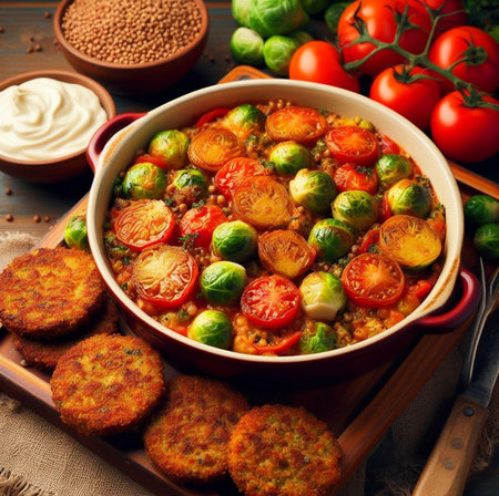 Vegetable casserole with brussels sprouts, tomatoes and feta cheeseの素材