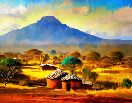 Digital painting of a hut on the bank of the river in Kenyaの素材