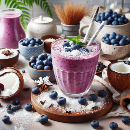 Blueberry smoothie in a glass with fresh berries on the tableの素材