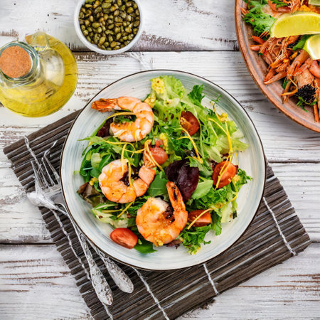Salad with shrimps, arugula and capersの素材