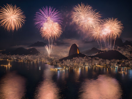 This image shows a fireworks display over the city of Rio de Janeiro. The fireworks light up the night sky and are a stunning sight. The colors of the fireworks are varied and glowの素材