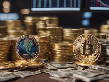 Golden bitcoins and dollar banknotes on the background of the computer screen.の素材