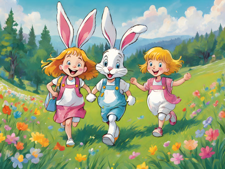 This vibrant illustration captures the pure joy of childhood as two children and their playful bunny friend frolic in a colorful meadow.の素材