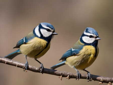 Two Blue Tit (Cyanistes caeruleus) perched on a branchの素材