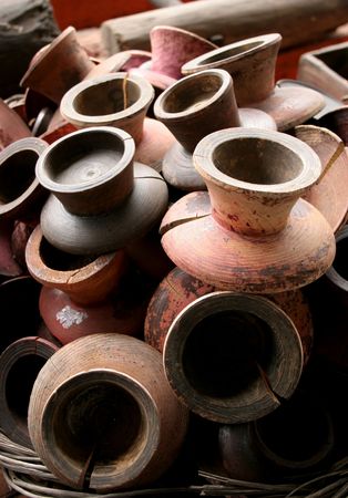 Old candle holders at an antique marketの写真素材