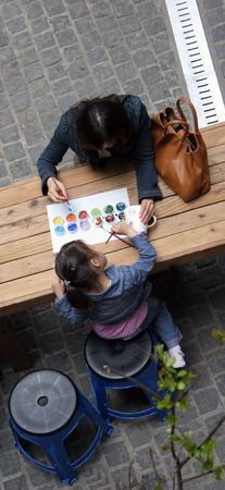 Aerial shot of mother and child doing art work
