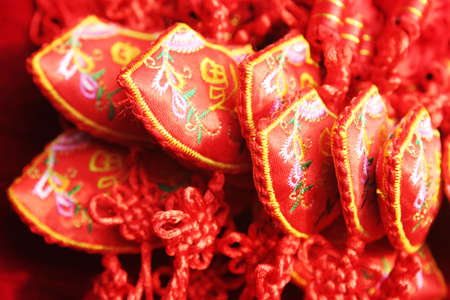Bright red traditional Chinese crafts made from handmade fabricの写真素材