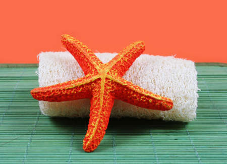 Spa and beauty products - orange starfish and loofah brush.の写真素材