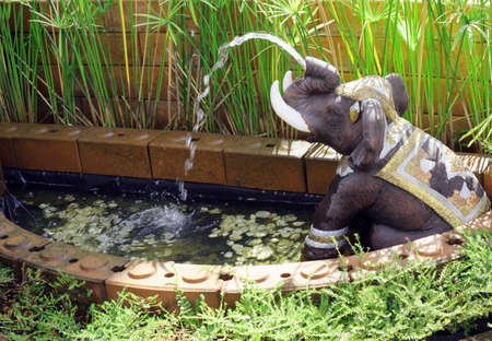 Elephant statue in an Asian water garden.の写真素材
