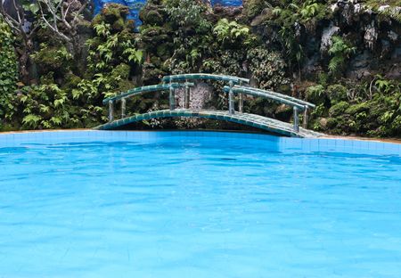 Swimming pool with a bridge.の写真素材