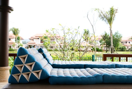 Close-up of Thai pillows and furniture - travel and tourism.の写真素材