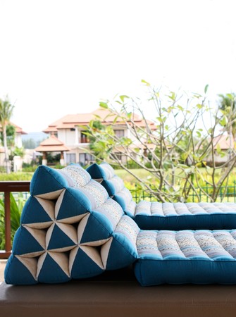 Close-up of Thai pillows and furniture - travel and tourism.の写真素材