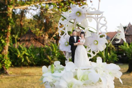 Bride and groom decorations on top of a wedding cake.の写真素材