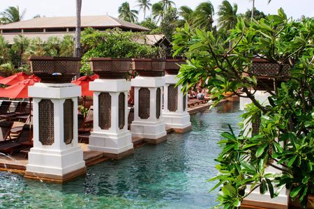 Swimming pool at a tropical resort in Thailand - travel and tourism.のeditorial素材