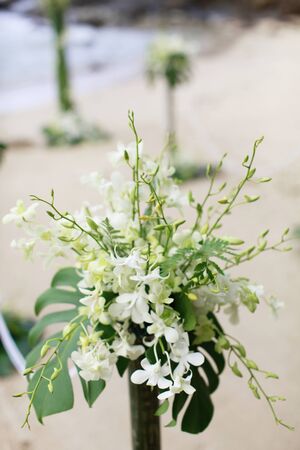 Ceremony set-up for a wedding in beach Thailand.の写真素材