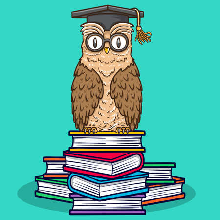 bird animal owl sitting on books illustrationのイラスト素材