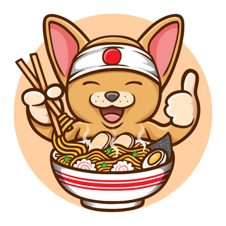 cute mouse eating yummy ramen noodle illustrationのイラスト素材