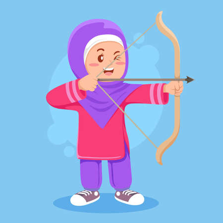 cute moslem girl doing archery sport illustrationのイラスト素材