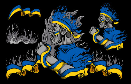Ukrainian Flag and Fire elements with People Screamingのイラスト素材