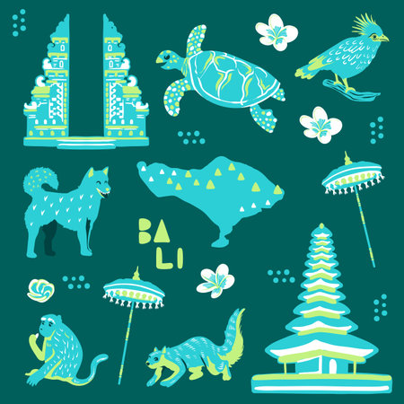 illustration of animal and balinese temple from bali indonesia island elementsのイラスト素材