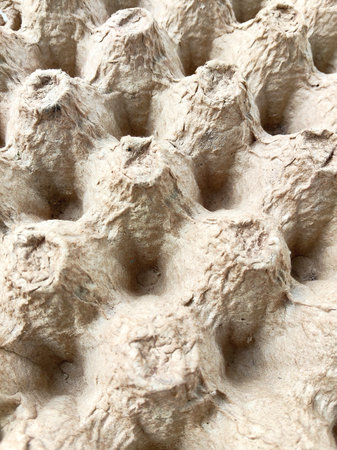 A close-up, macro view of the textured, fibrous surface of a recycled cardboard egg carton,...