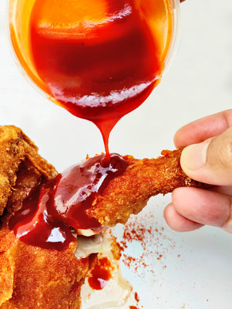 Crispy fried chicken with sweet sauce on white background, closeupの写真素材