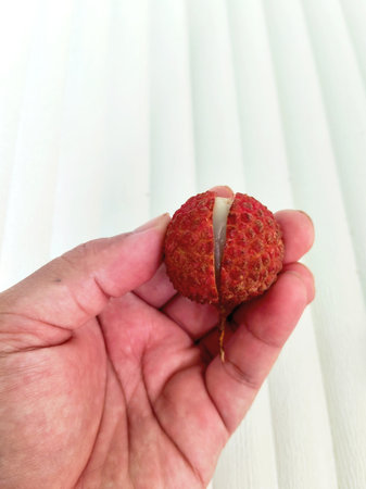 Fresh lychee fruit in hand on white wooden background, close upの写真素材