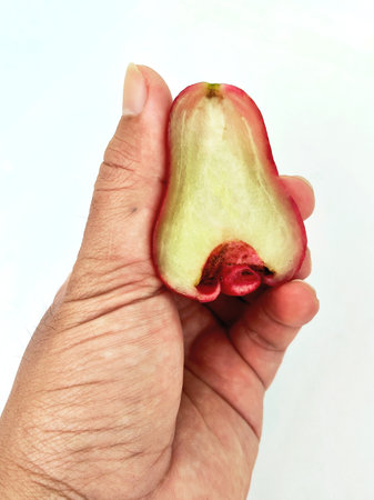Rose apple in hand isolated on a white background. Shallow depth of field