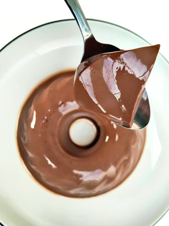 Chocolate cream in a bowl with spoon, isolated on white backgroundの写真素材