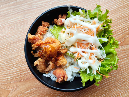 Fried chicken with rice and salad - japanese food styleの写真素材