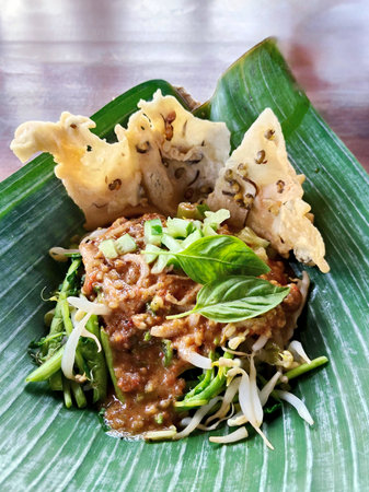 Thai noodle with pork and bean sprout on banana leafの写真素材