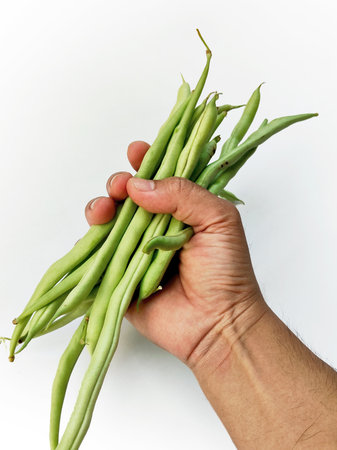 Green beans in a man's hand. Isolated on white background.