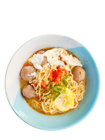 A Hearty and Comforting Instant Noodle Dish with Meatballs and Egg