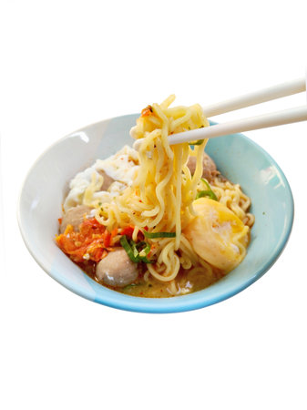 Noodles with chicken and vegetables in a bowl on white background