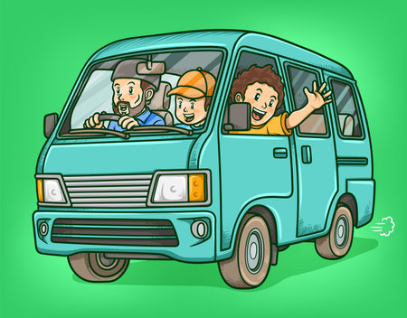 Happy Father and Son Road Trip Adventure Driving Teal Minivan Cartoonのイラスト素材