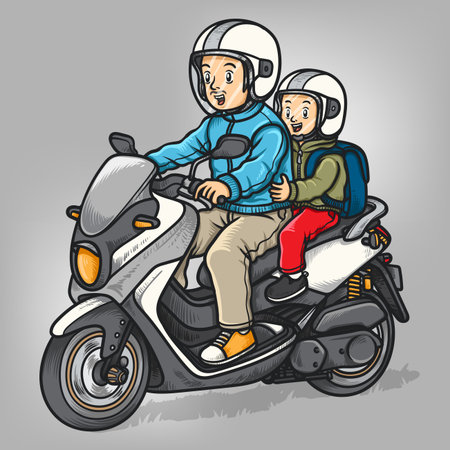 Smiling Father and Son Wearing Helmets Riding Scooter Together Safelyのイラスト素材