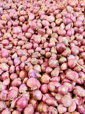Large Abundant Pile of Red Shallots Displayed in Bulk at a Traditional Farmers Market