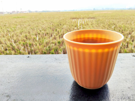 A cup of tea on the terrace of a rice field.の写真素材