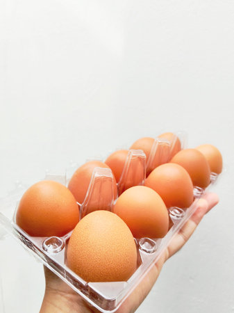 Eggs in plastic tray on white wall background, stock photoの写真素材