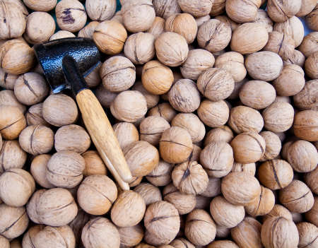 Walnuts and a nutcracker for sale on the marketの写真素材