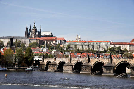 Charles Bridge with Prague Castle and Hradcany, Prague, Czech Republic, Europe. Horizontally framed shot.の写真素材