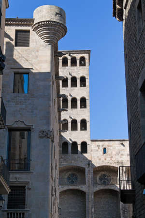 Building with Turret, Placa del Rei, Barcelona, Catalonia, Spain, Europe. Vertically framed shot.の写真素材