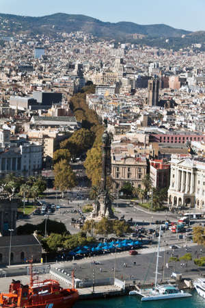 Plaza in Rambla del Mar, Barcelona, Catalonia, Spain, Europe. Vertically framed shot.