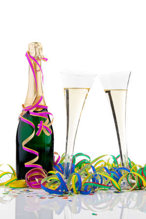 Champagne bottle and glasses. Vertically framed shot.の写真素材
