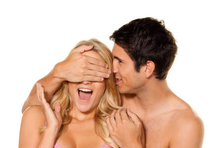Couple has fun and joy. Love, eroticism and tenderness in everyday life.の写真素材