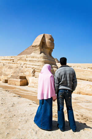 Culmination of a journey through Egypt: The Sphinx of Giza with the Chephrenpyramideの写真素材