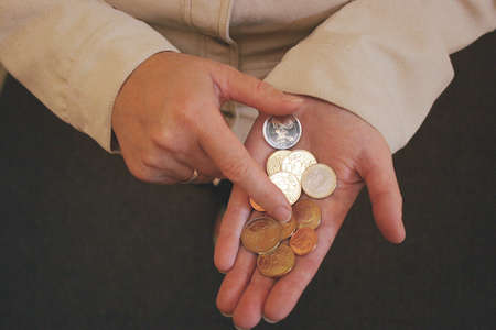 Hand with a few Euro coins. Money of the European Unionの写真素材