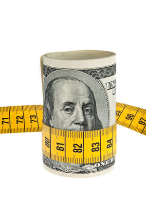 An icon image saving package with dollar bill and tape measureの写真素材
