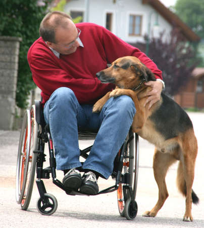 Middle-aged man with a walking disability seated in a wheelchairの写真素材